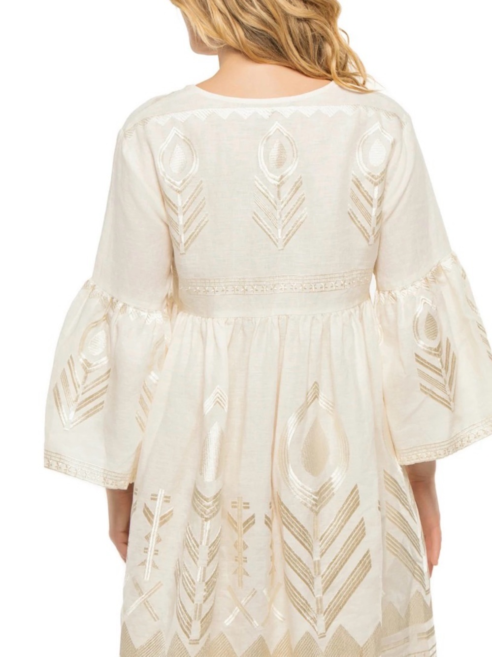 Greek Archaic Kori Gold Embroidered Metallic Mini Boho Cream Tunic Dress - Picture 2 of 5